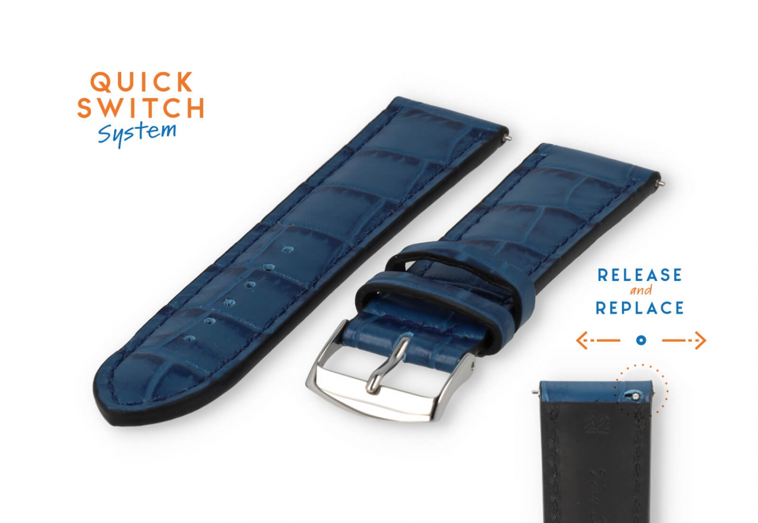 Horlogeband 22mm donkerblauw croco leer