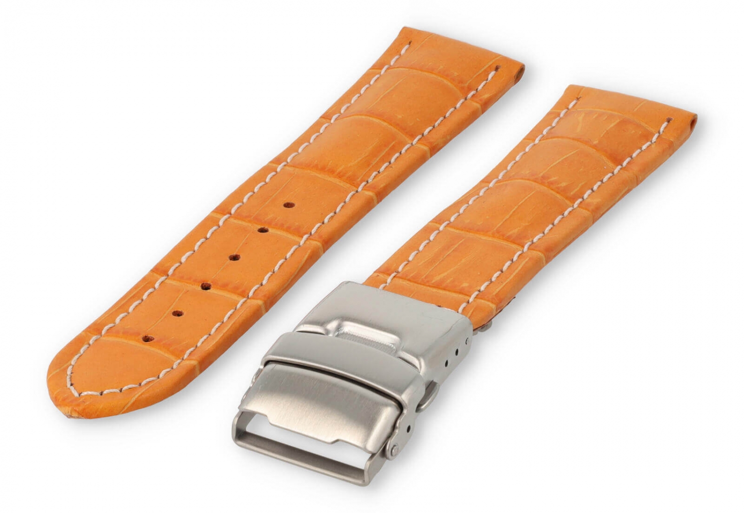 Horlogeband met vouwsluiting 20mm oranje leer met wit stiksel