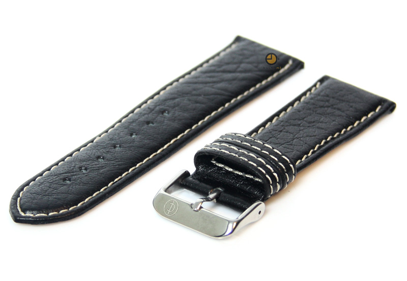 Horlogeband 24mm zwart leer met wit stiksel