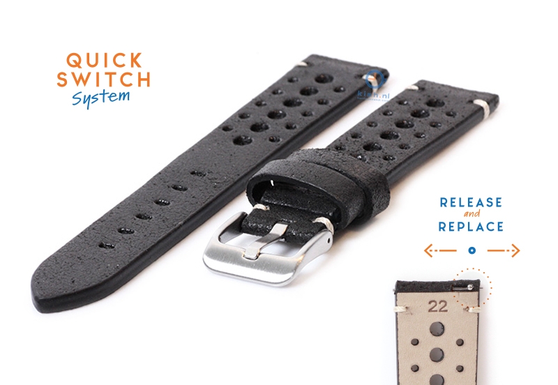 Horlogeband 22mm vintage perforated zwart leer
