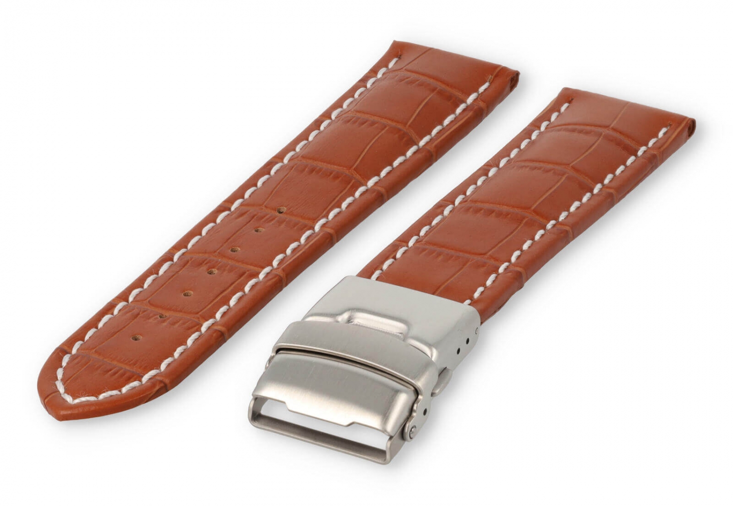 Horlogeband met vouwsluiting 22mm lichtbruin leer met wit stiksel