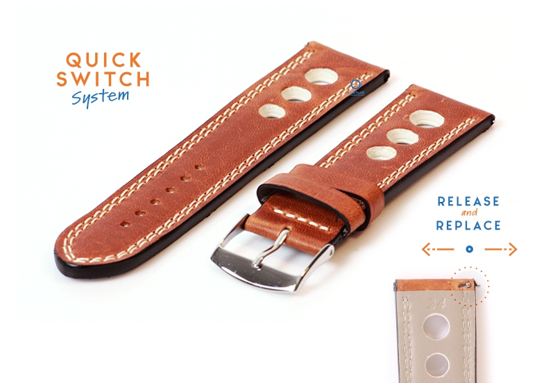 Horlogeband 24mm racing bruin met beige stiksel