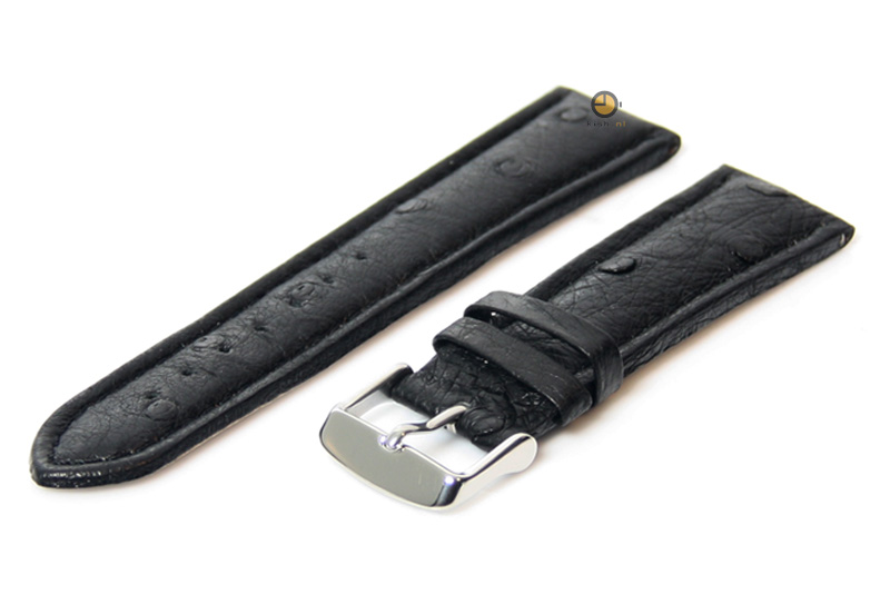 Horlogeband 22mm zwart Struisvogel leer