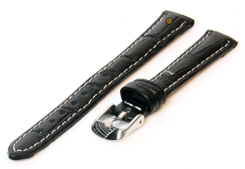 Horlogeband 14mm zwart leer met wit stiksel