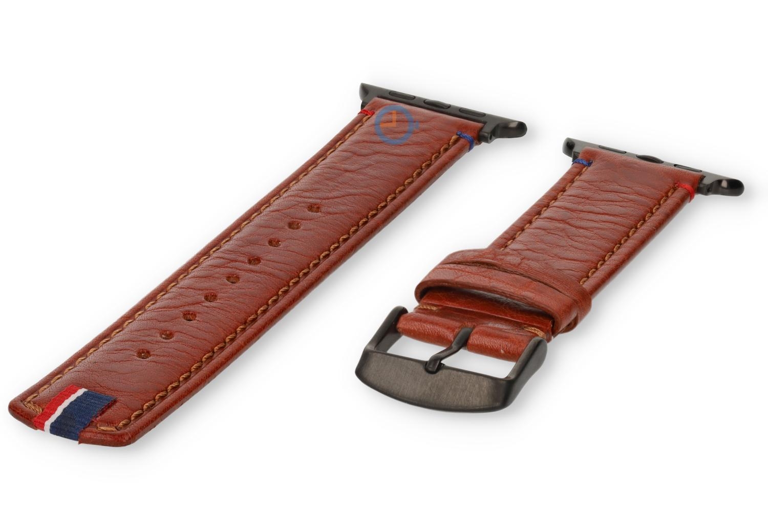 Apple Watch 45mm watch bandje - cognacbruin leer - zwarte adapter