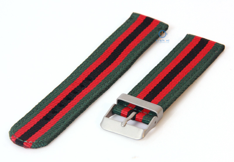 Horlogeband 20mm nylon groen/rood/zwart