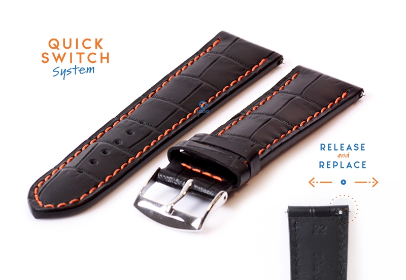 Horlogeband 22mm croco leer zwart - oranje