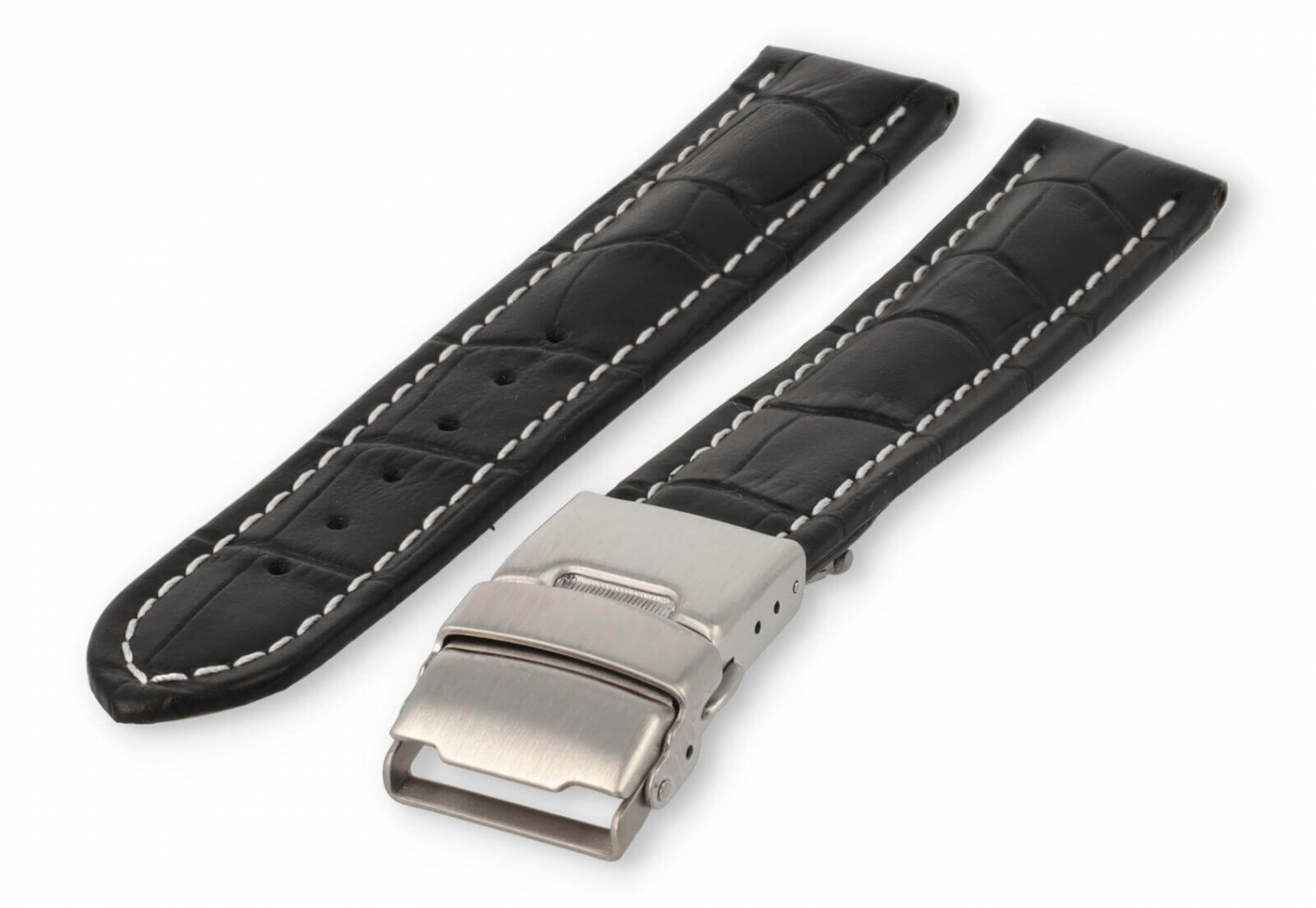 Horlogeband met vouwsluiting 18mm zwart leer met wit stiksel
