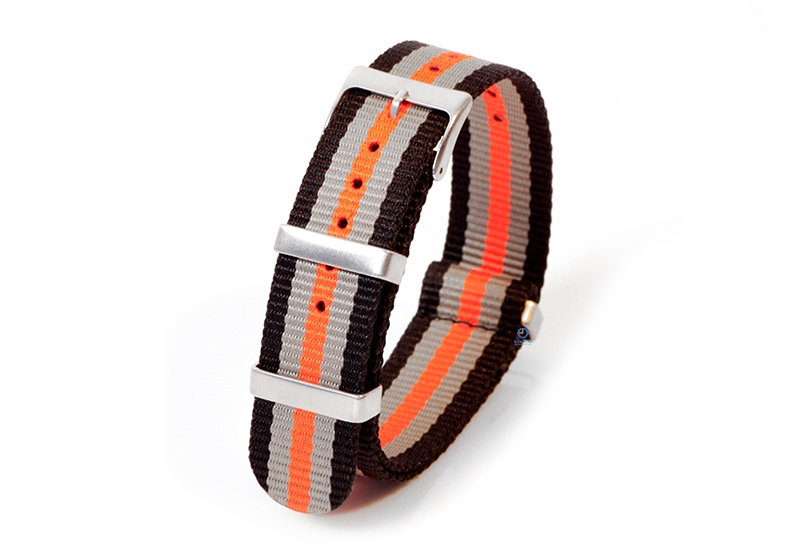 Horlogeband 20mm nylon tricolor zwart/grijs/oranje