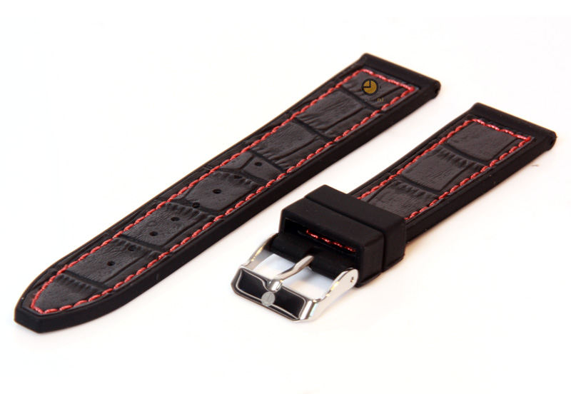 Horlogeband 22mm zwart-rood siliconen met croco