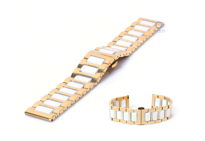 Horlogeband 20mm staal goud/wit glans