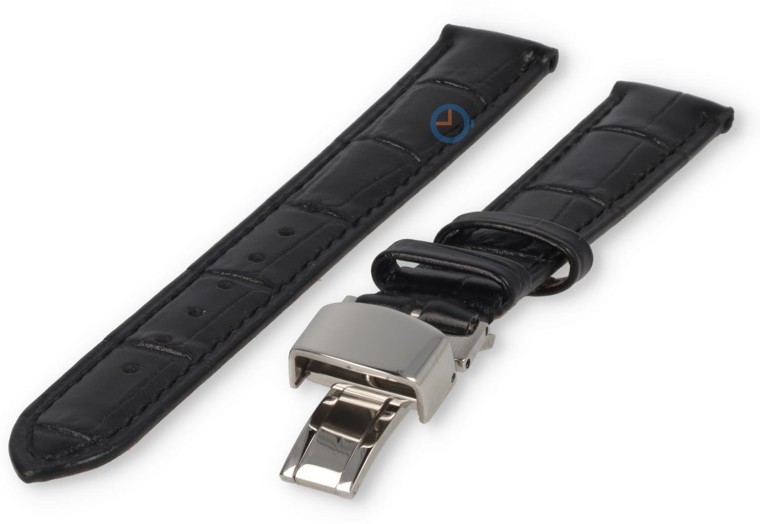 15mm horlogeband crocoleer met vlindersluiting - zwart