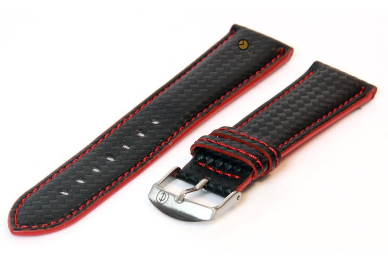 Horlogeband 22mm zwart-rood waterproof leer