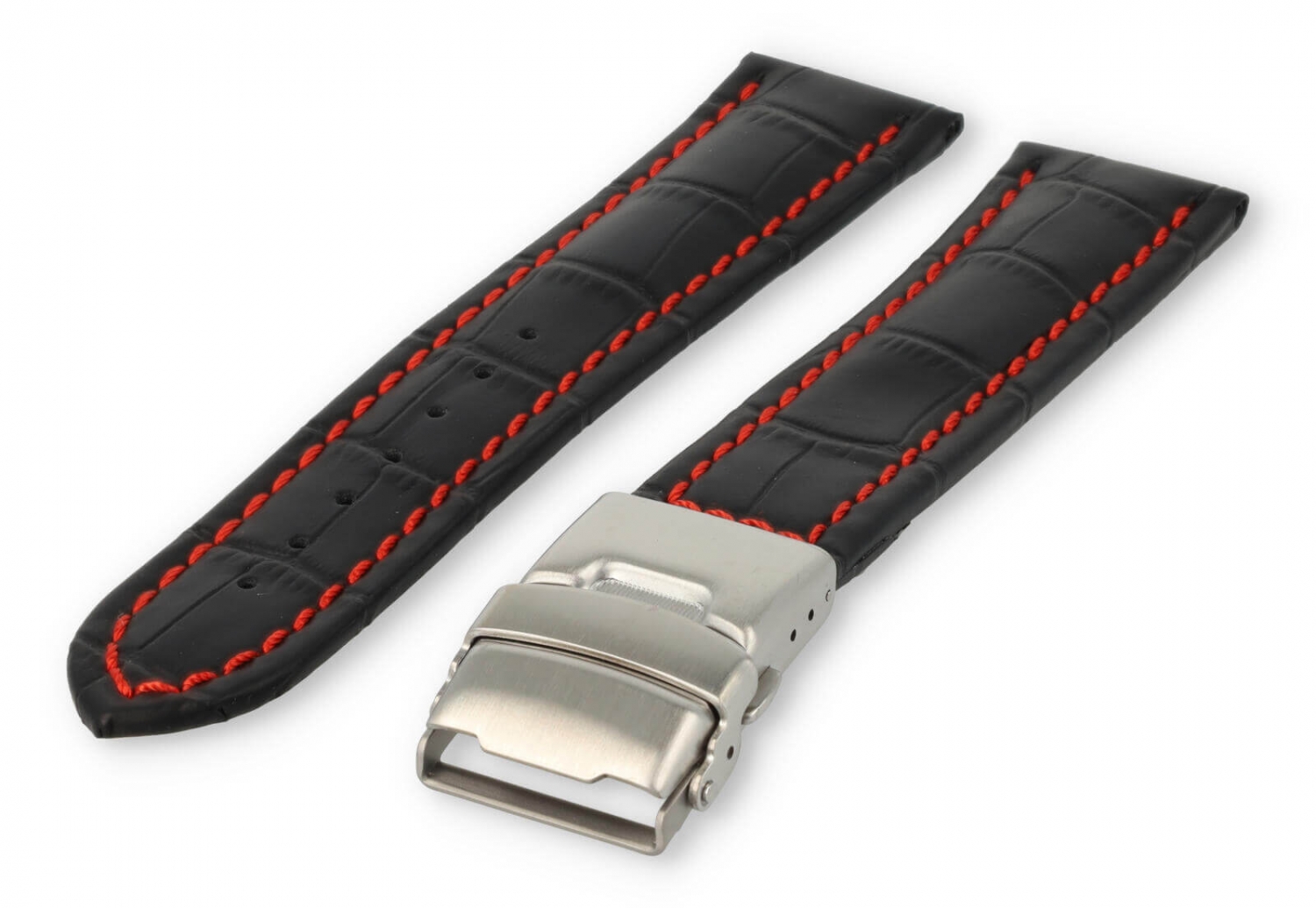 Horlogeband met vouwsluiting 22mm zwart leer met rood stiksel