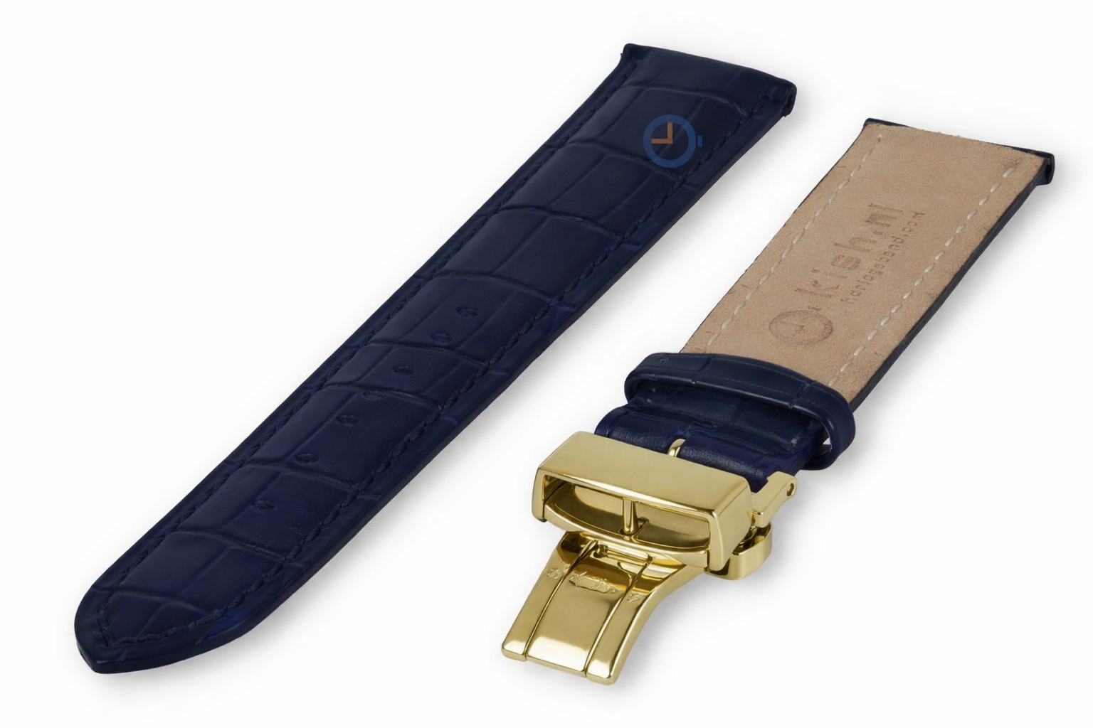 Klassieke horlogeband donkerblauw leer - vlindersluiting (goud) - 16mm