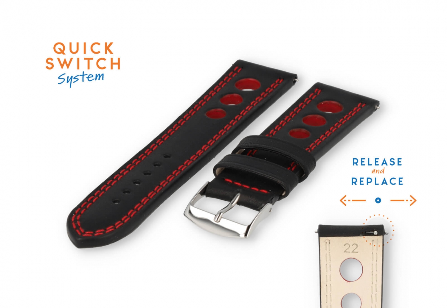 Horlogeband 22mm racing zwart met rood stiksel
