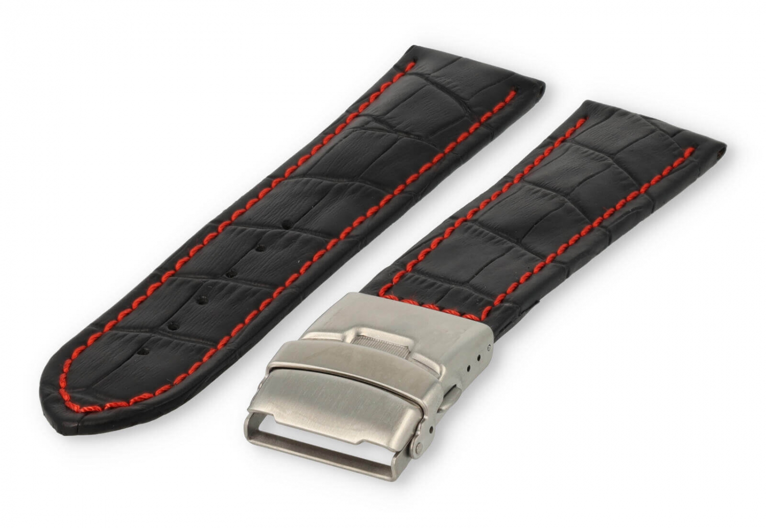 Horlogeband met vouwsluiting 24mm zwart leer met rood stiksel