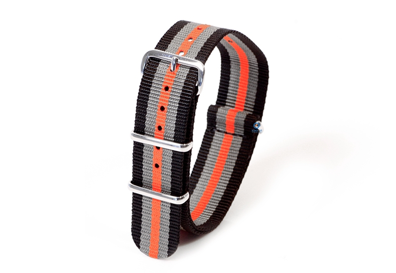 Horlogeband nylon 20mm zwart/grijs/oranje