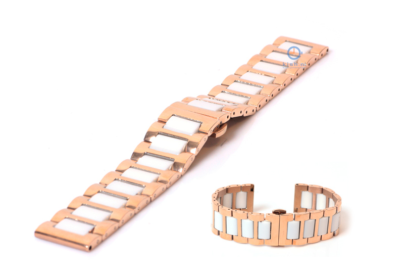 Horlogeband 20mm staal rosegoud/wit glans