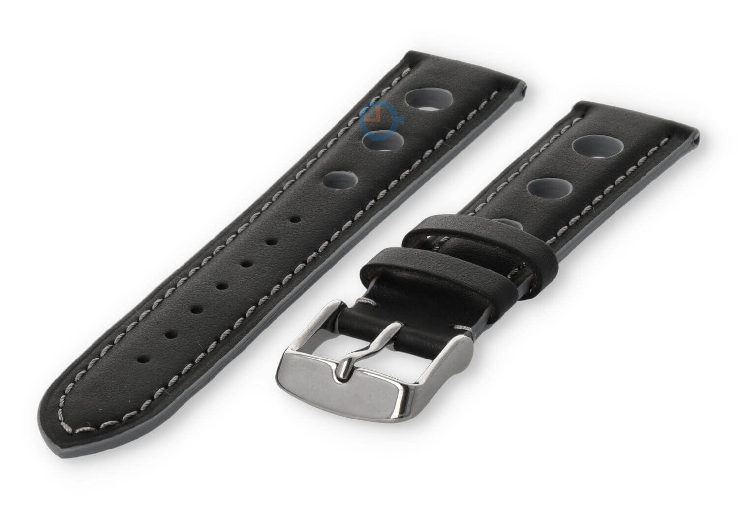 Rally horlogeband van leer - 18mm - zwart met grijs stiksel