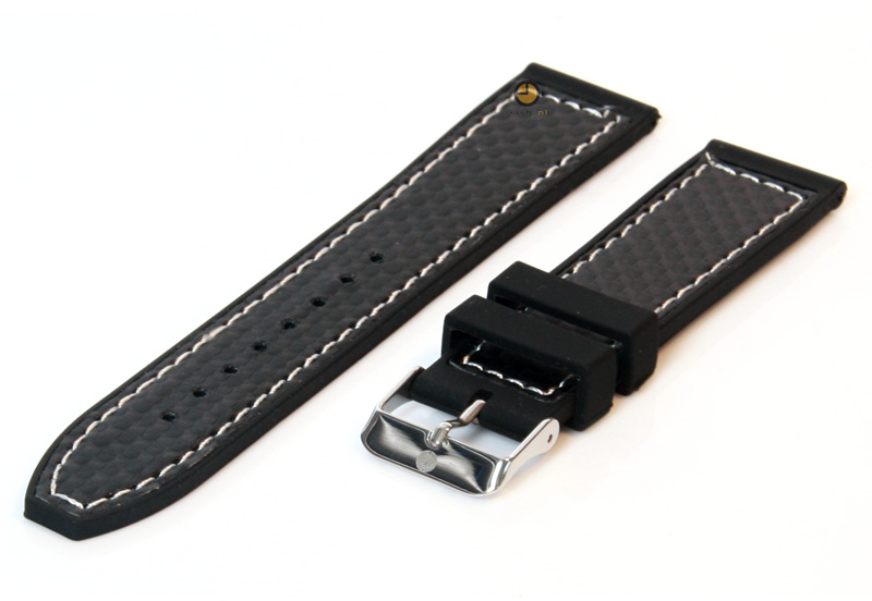 Horlogeband 22mm zwart siliconen met carbon reliëf