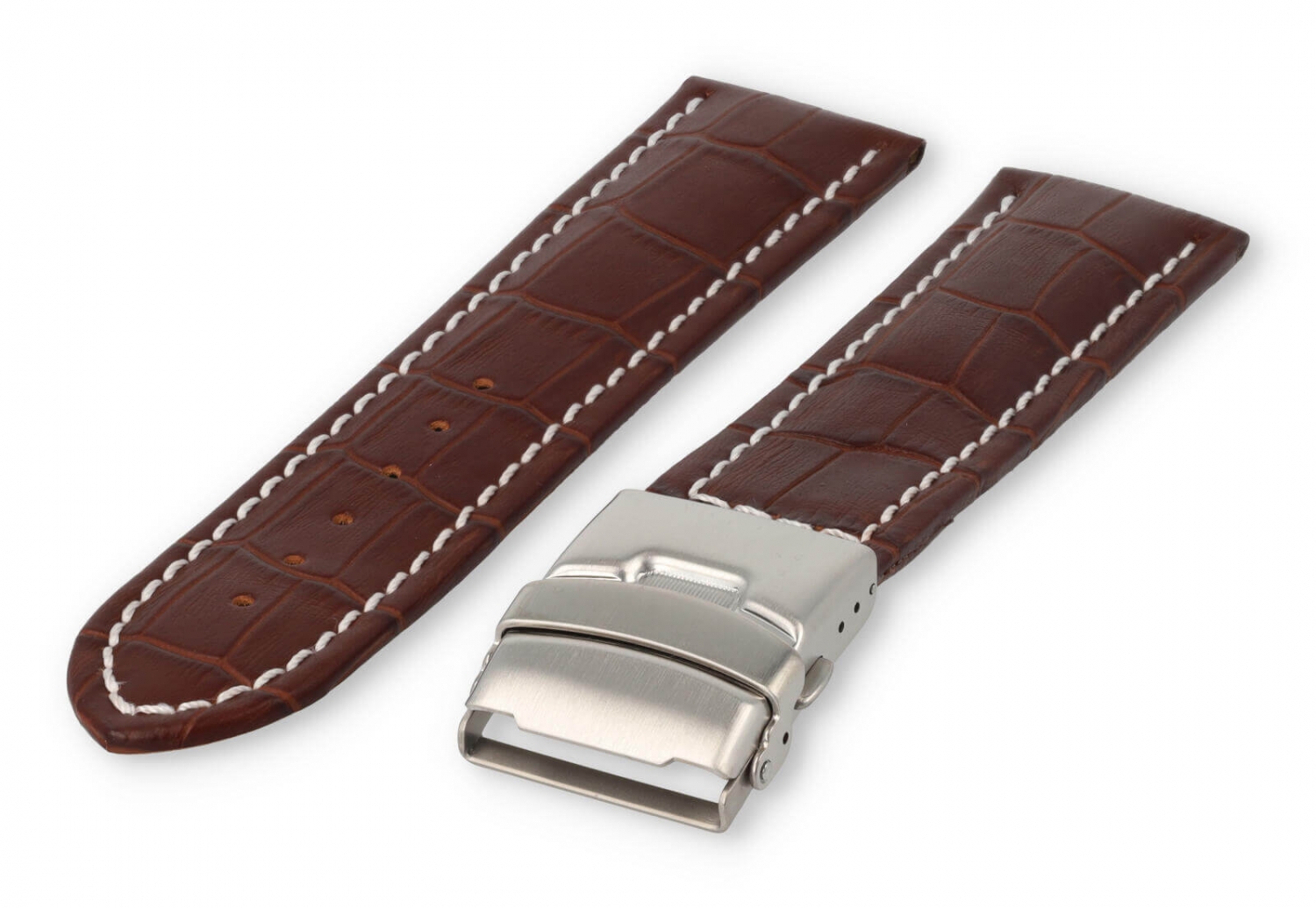 Horlogeband met vouwsluiting 26mm donkerbruin leer met wit stiksel