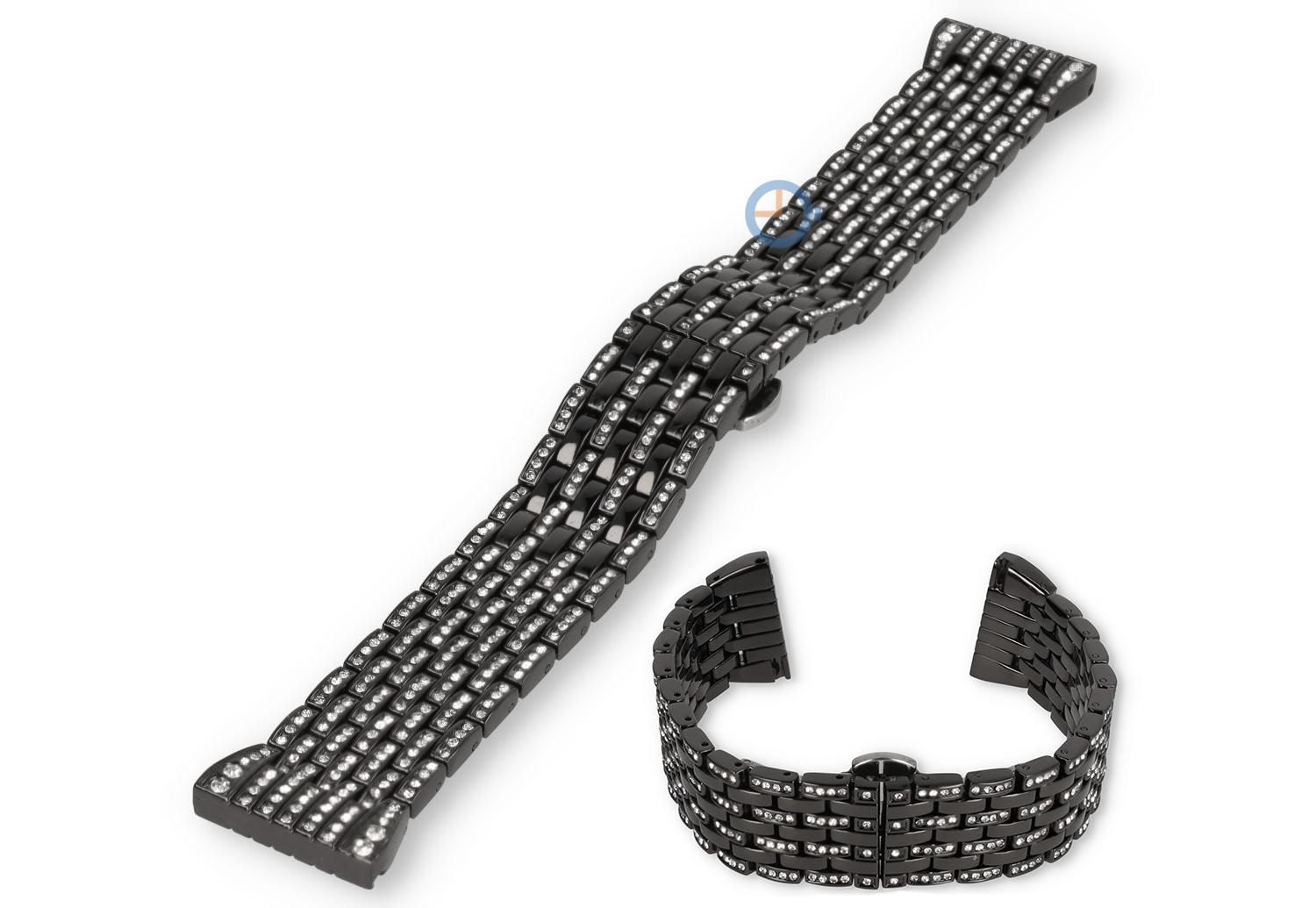 22mm horlogebandje staal met diamantjes - zwart