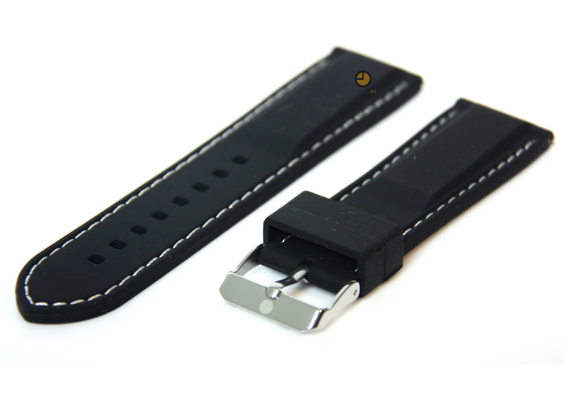 Zwarte siliconen horlogeband met wit stiksel - Quick Switch - 24mm