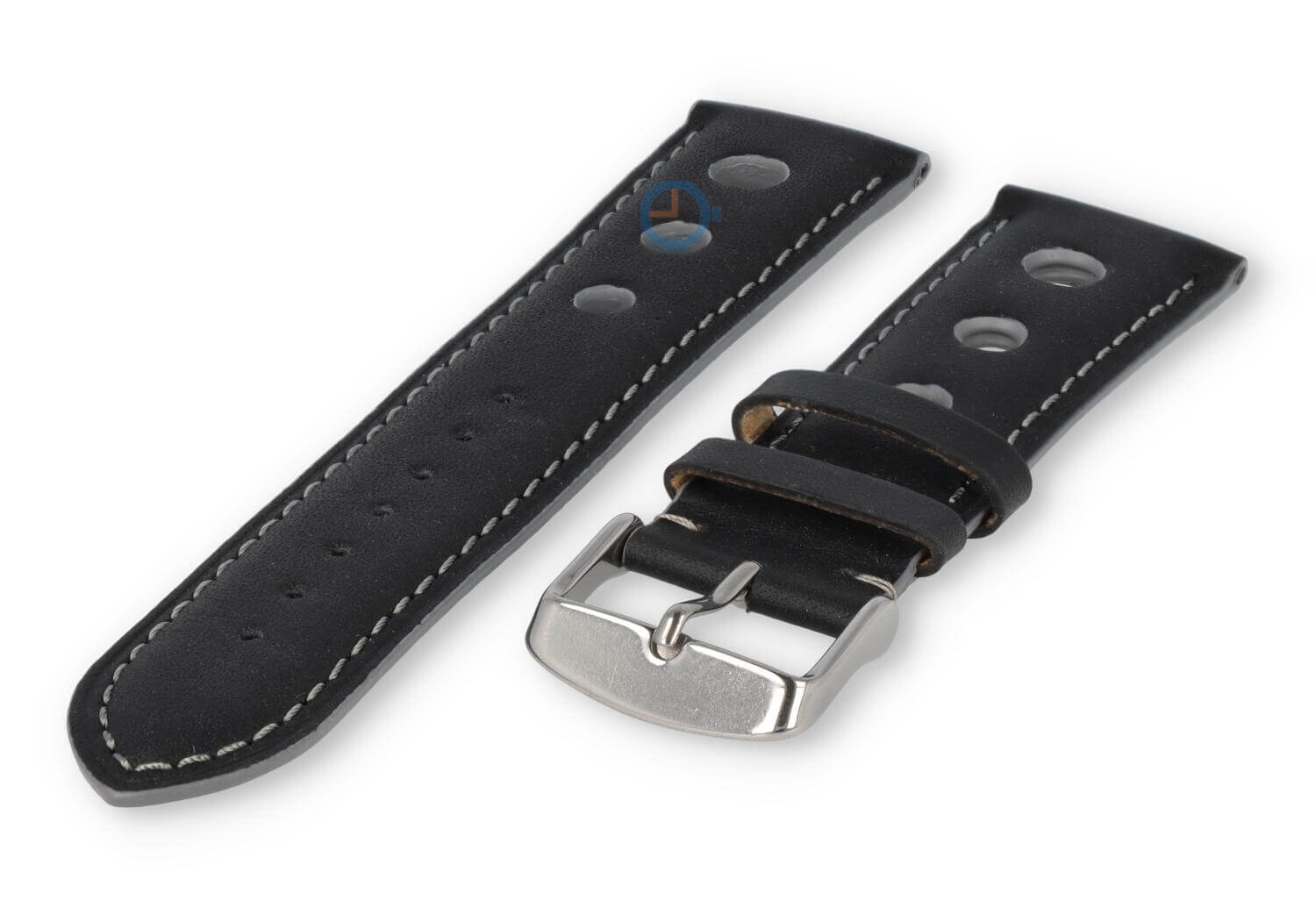 Rally horlogeband van leer - 24mm - zwart met grijs stiksel