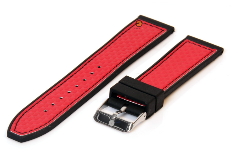 Horlogeband 24mm zwart-rood siliconen met carbon reliëf