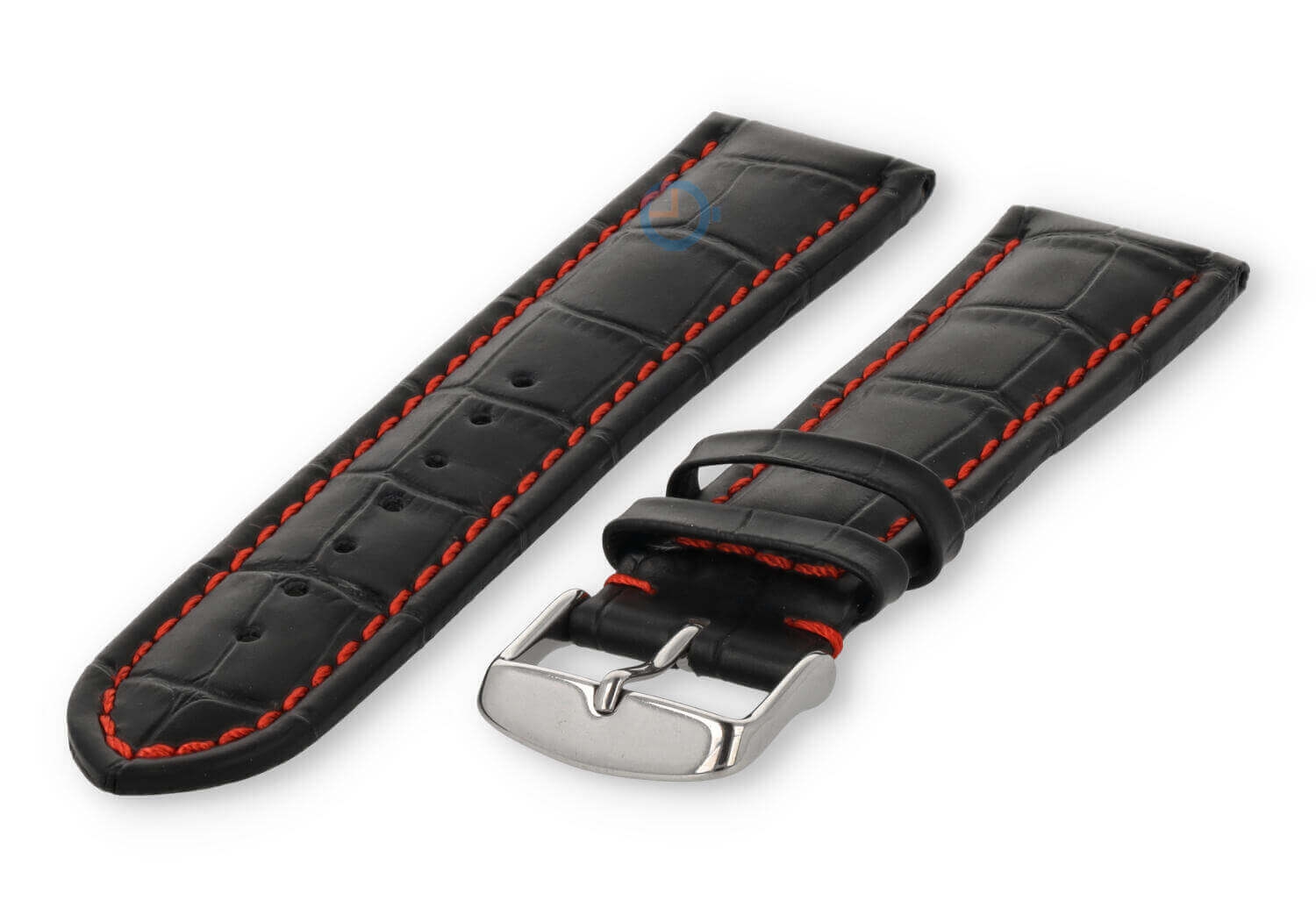 Krachtige horlogeband van kalfsleer - 24mm - zwart met rood