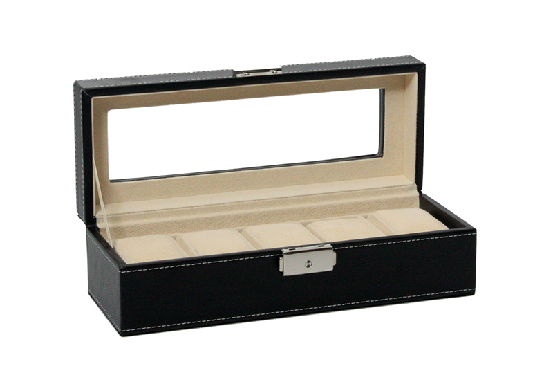 Leder horlogekist met slot voor 5 horloges - zwart