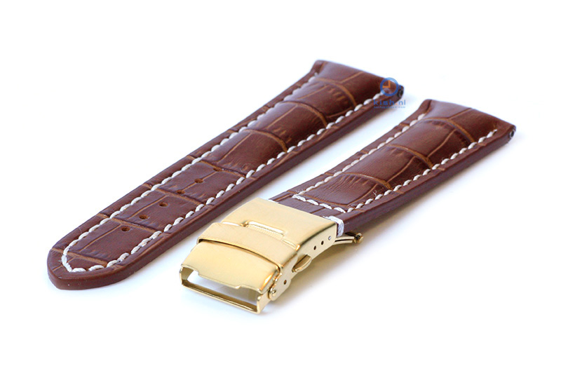 Bruin leren horlogeband met vouwsluiting - 22mm - Goud