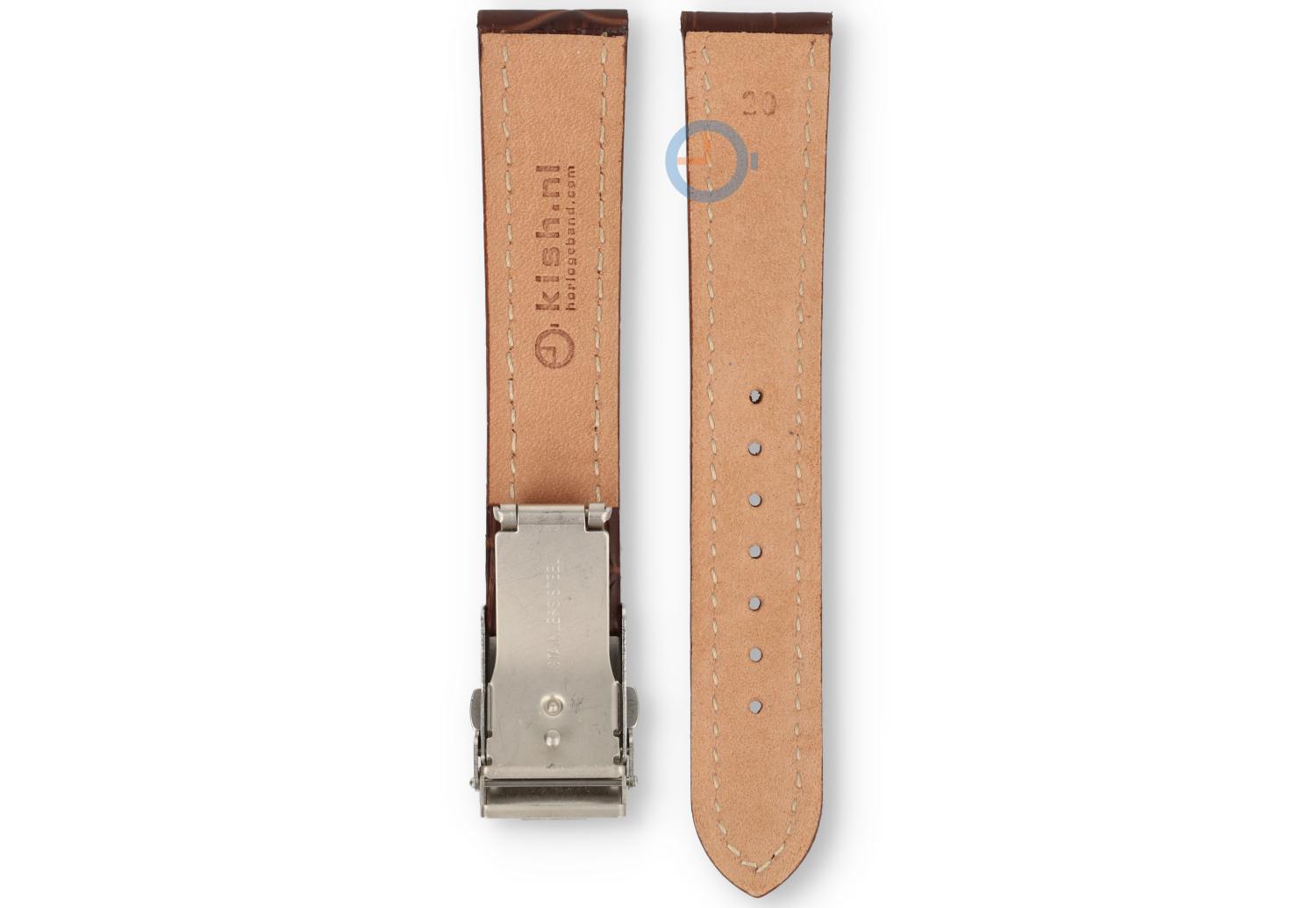 Horlogeband met vouwsluiting 20mm donkerbruin leer