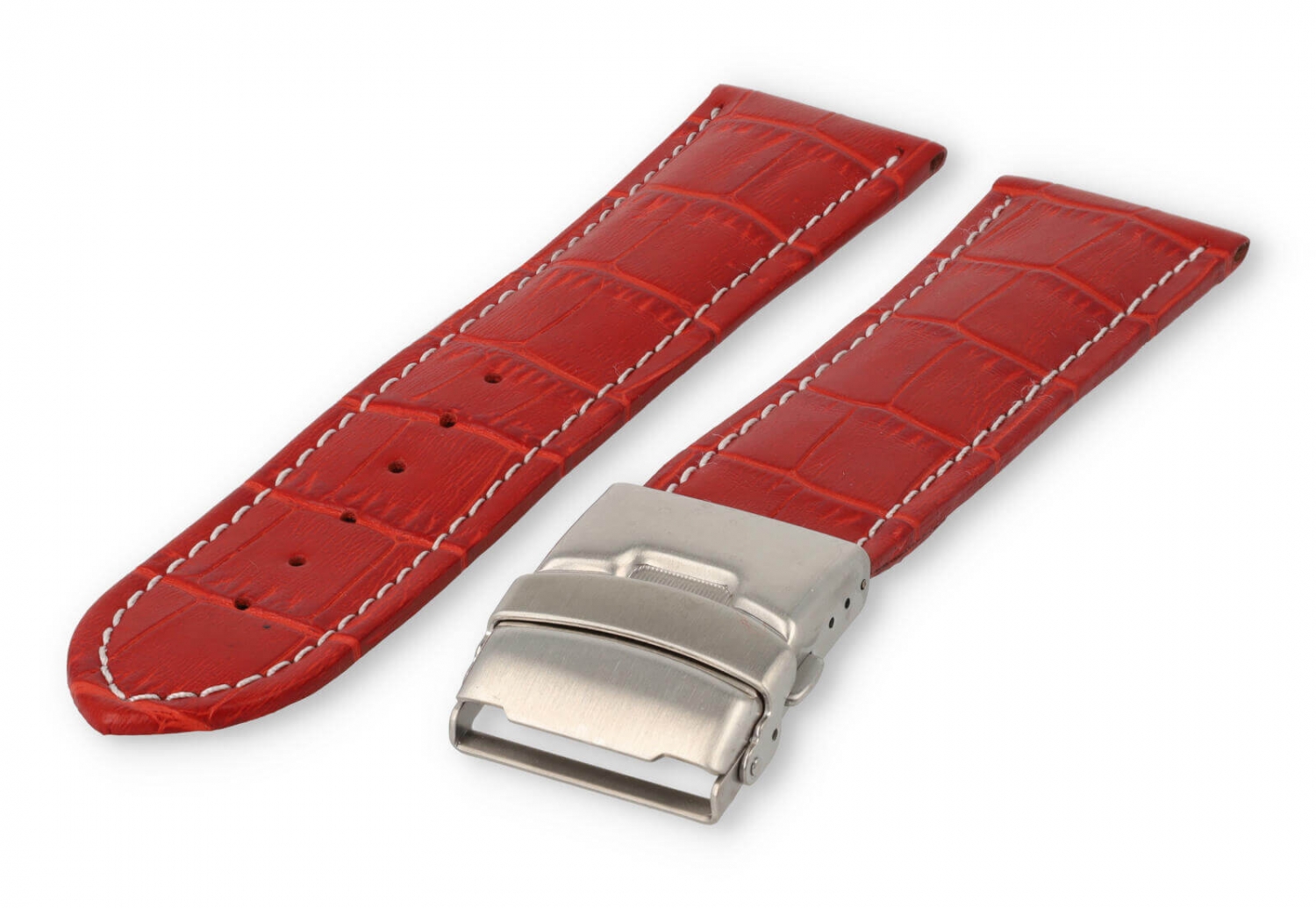 Horlogeband met vouwsluiting 24mm rood leer met wit stiksel