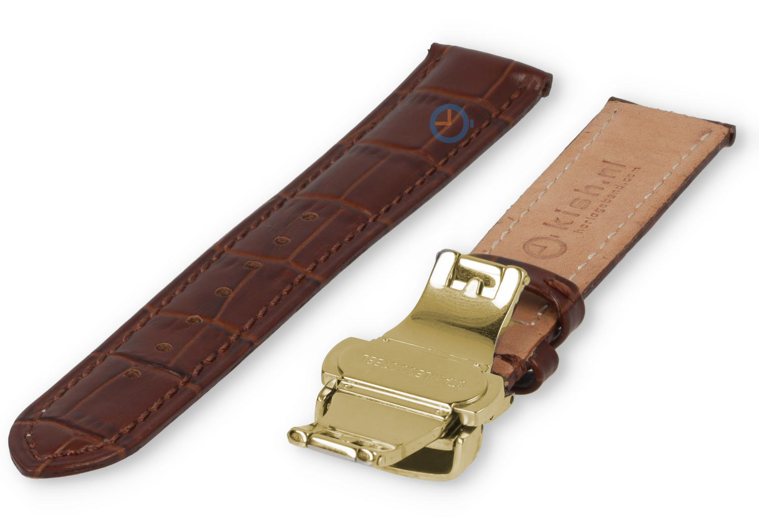 Luxe Edox horlogeband donkerbruin leer - vlindersluiting (goud) - 16mm