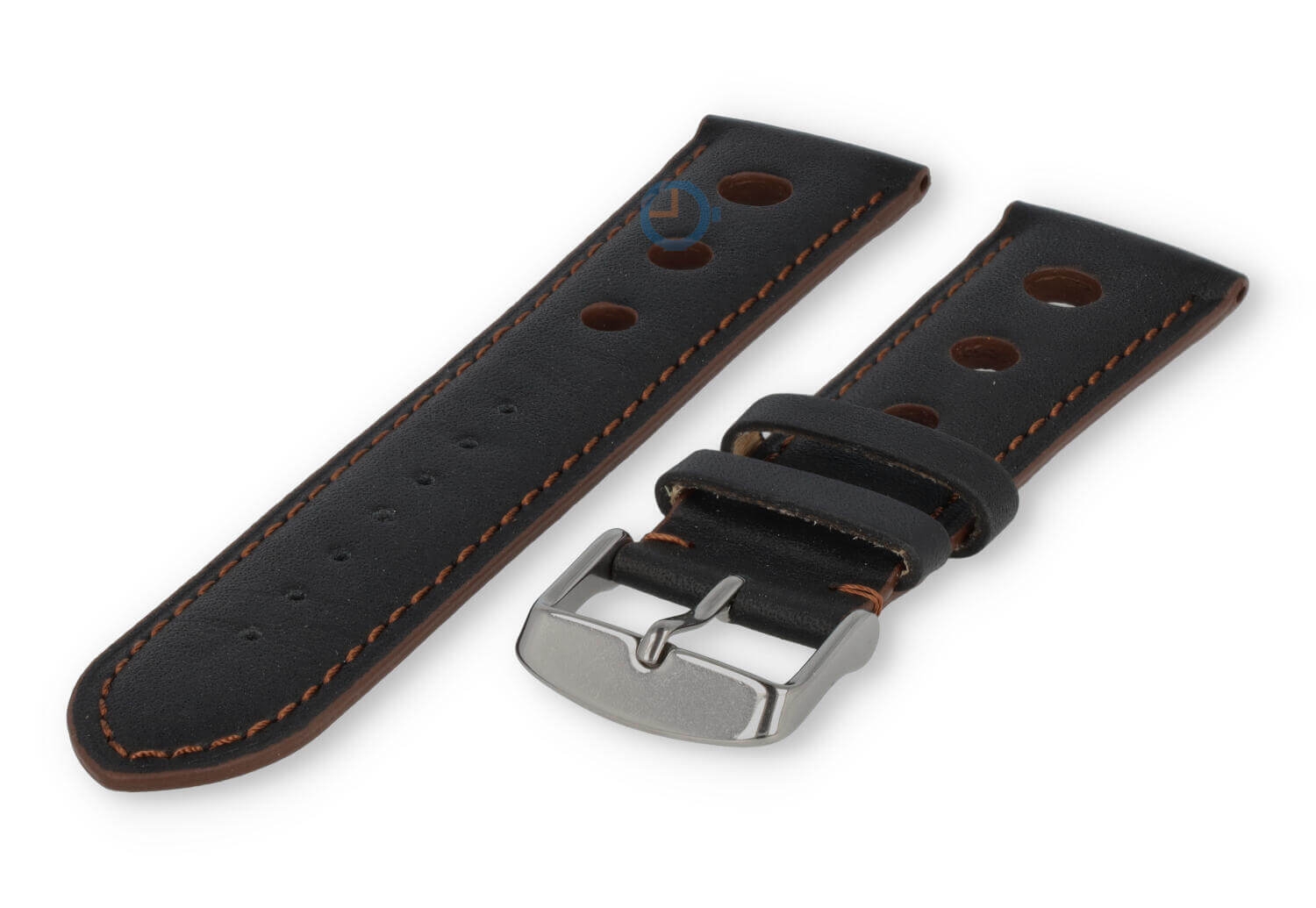 Rally horlogeband van leer - 24mm - zwart met bruin stiksel