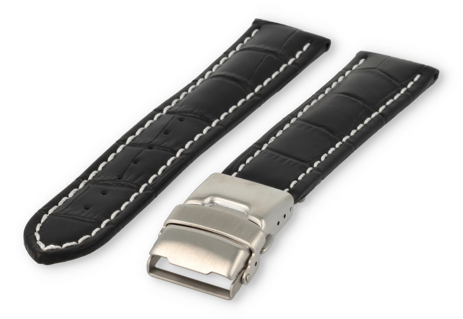 Horlogeband met vouwsluiting 24mm zwart leer met wit stiksel