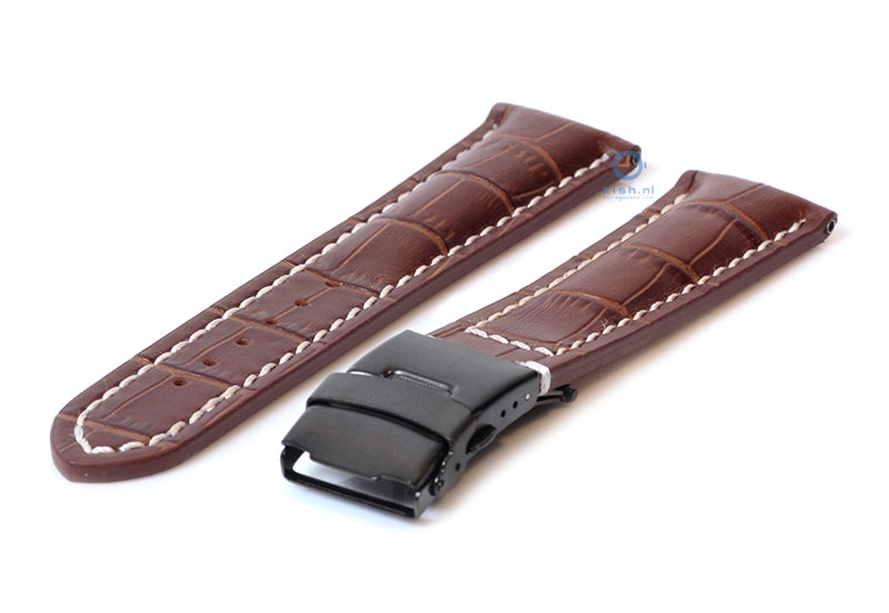 Bruin leren horlogeband met vouwsluiting - 22mm - Zwart