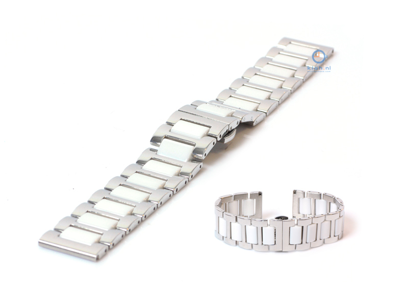Horlogeband 20mm staal zilver/wit