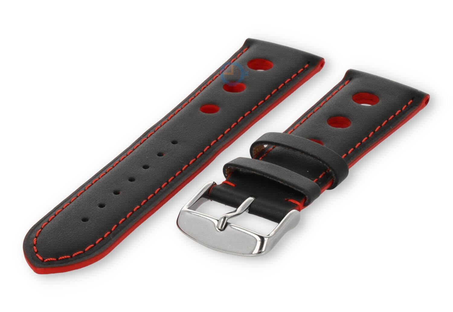 Rally horlogeband van leer - 24mm - zwart met rood stiksel