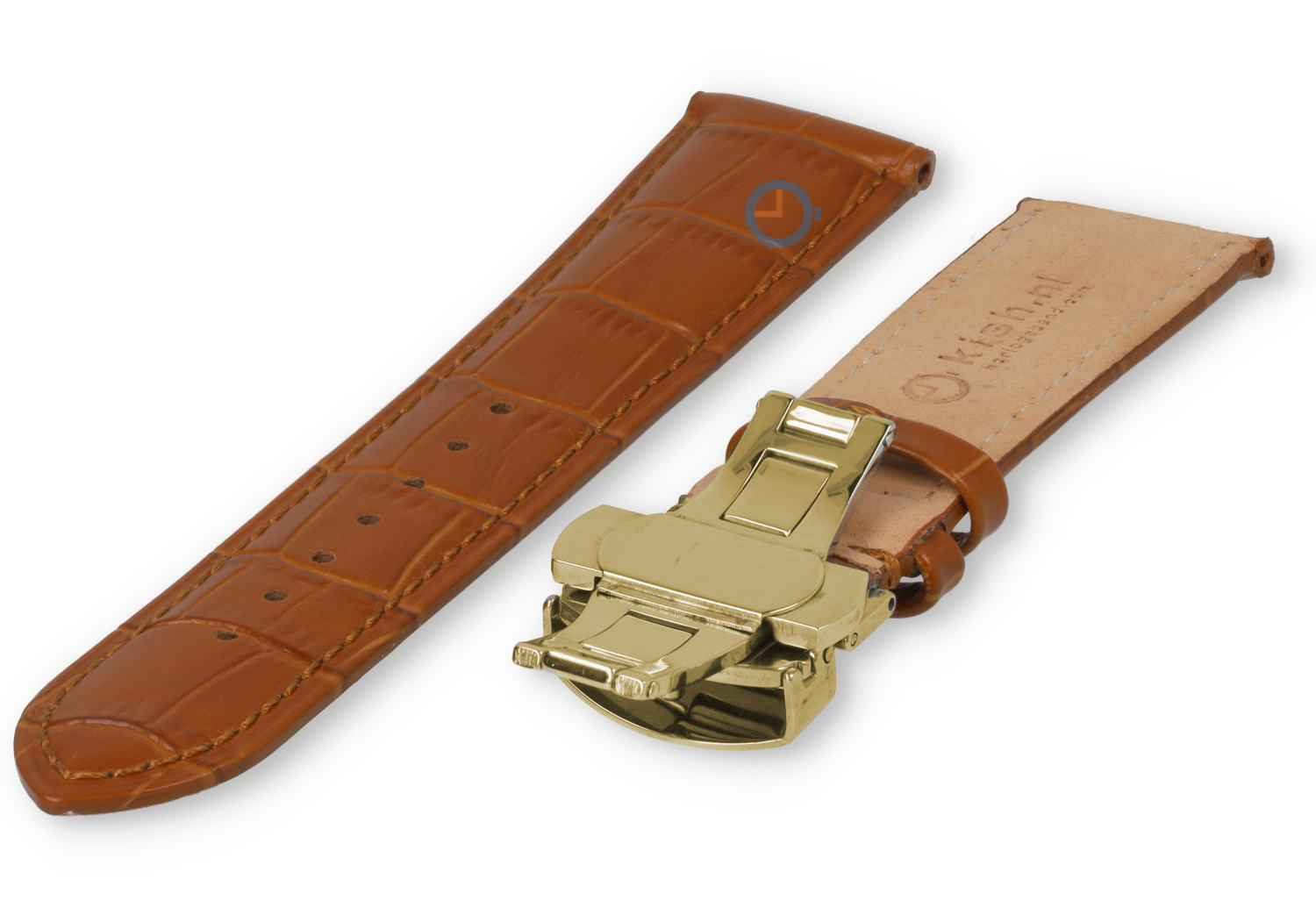 Luxe Edox horlogeband lichtbruin leer - vlindersluiting (goud) - 22mm
