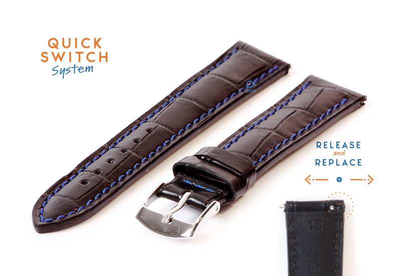 Horlogeband 18mm croco leer zwart - blauw