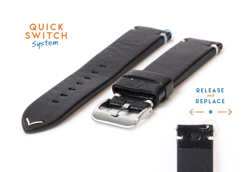 Horlogeband 20mm vintage zwart leer