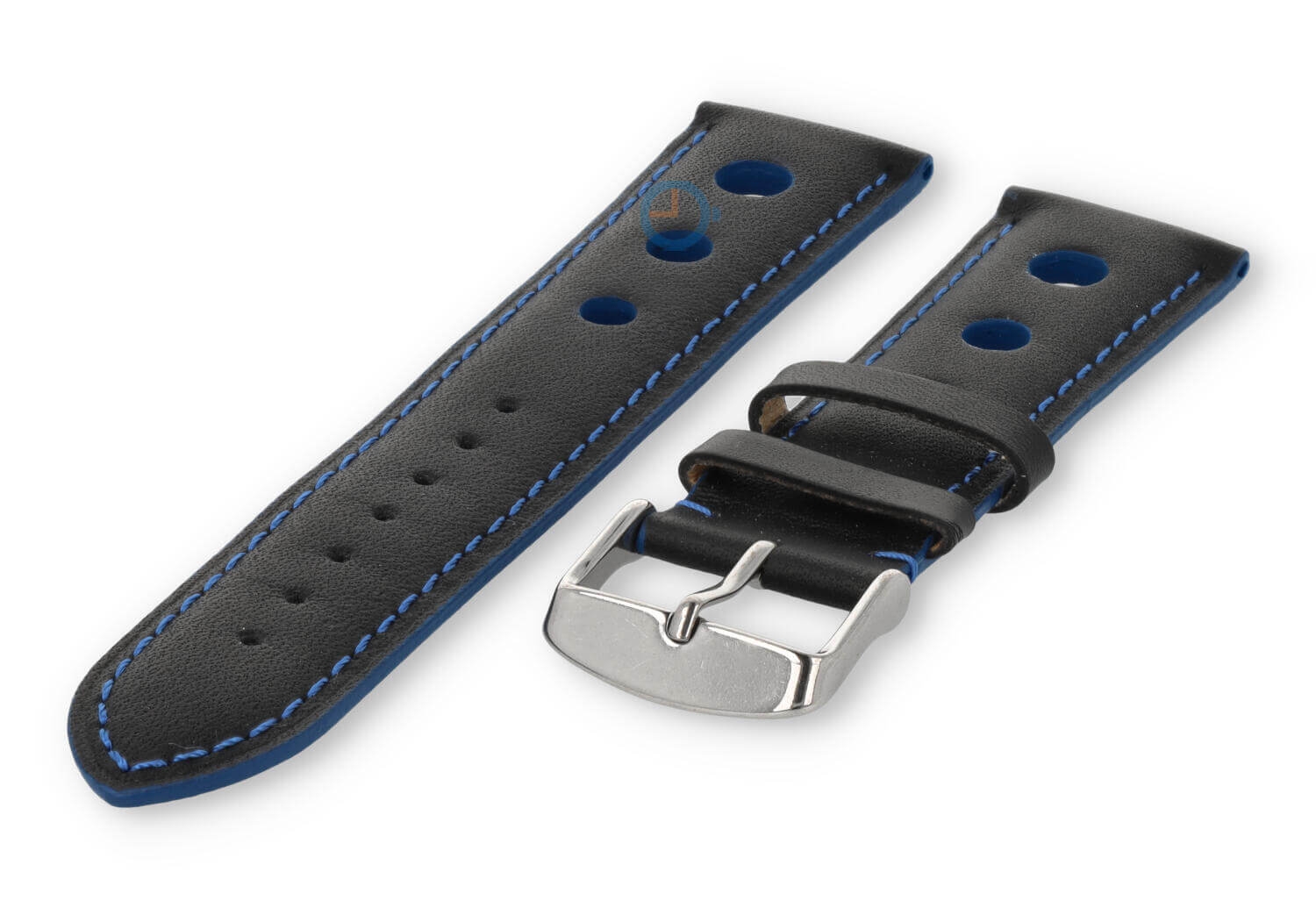 Rally horlogeband van leer - 24mm - zwart met blauw stiksel