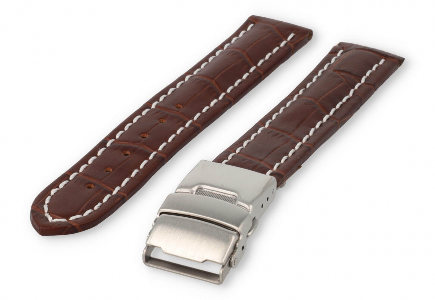 Horlogeband met vouwsluiting 18mm donkerbruin leer met wit stiksel