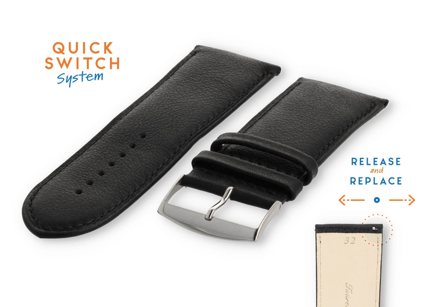 Horlogeband 32mm zwart leer