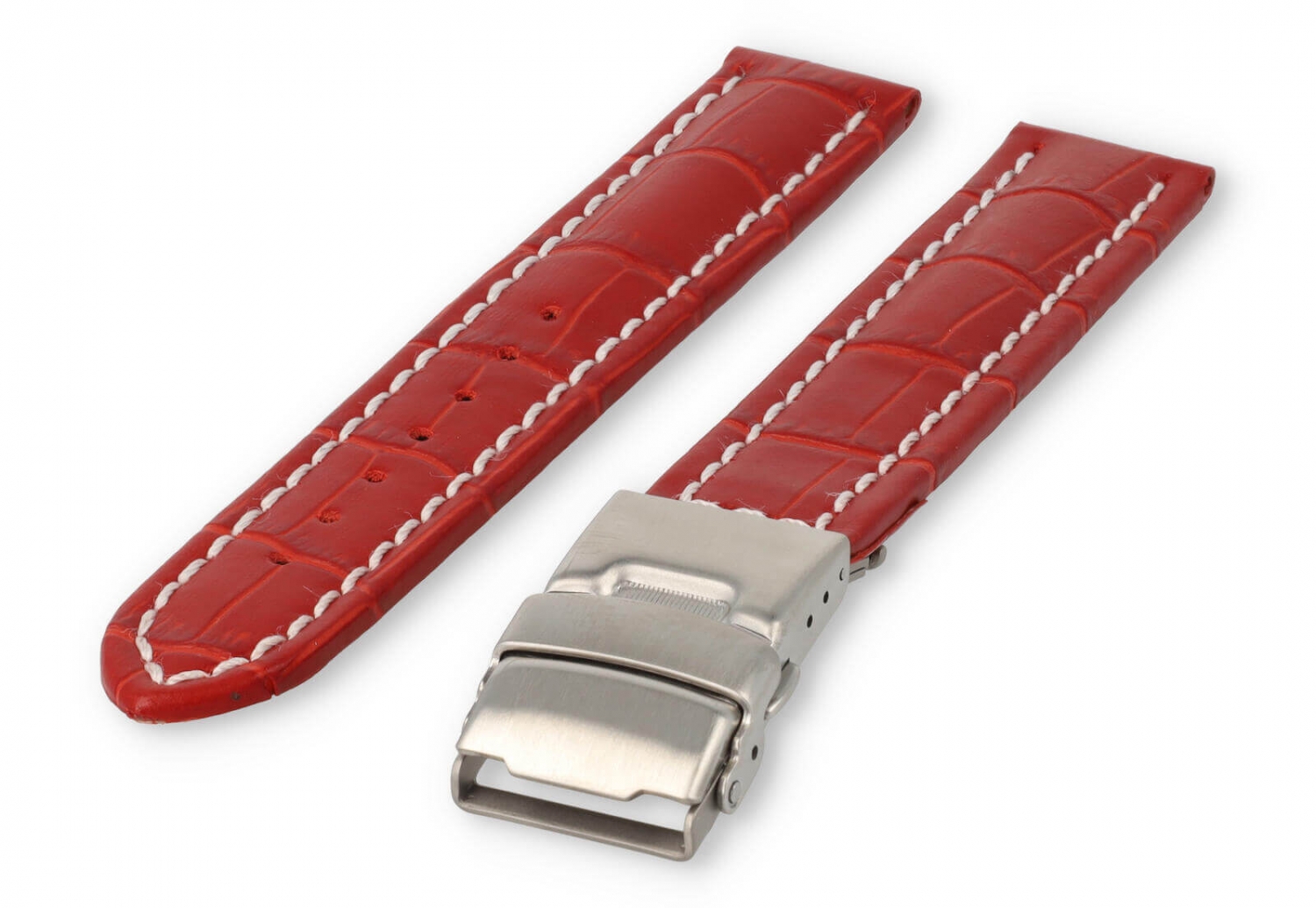Horlogeband met vouwsluiting 18mm rood leer met wit stiksel
