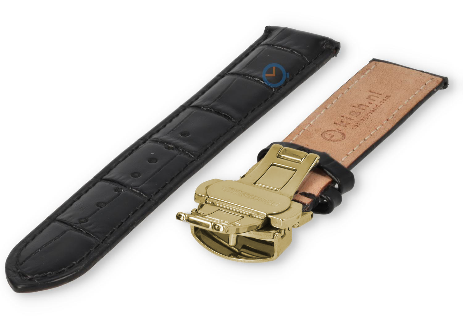 Luxe Edox horlogeband zwart leer - vlindersluiting (goud) - 20mm