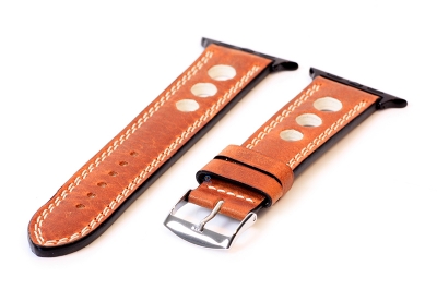 Apple Watch bandje racing bruin met beige stiksel - 44/45/46/49mm